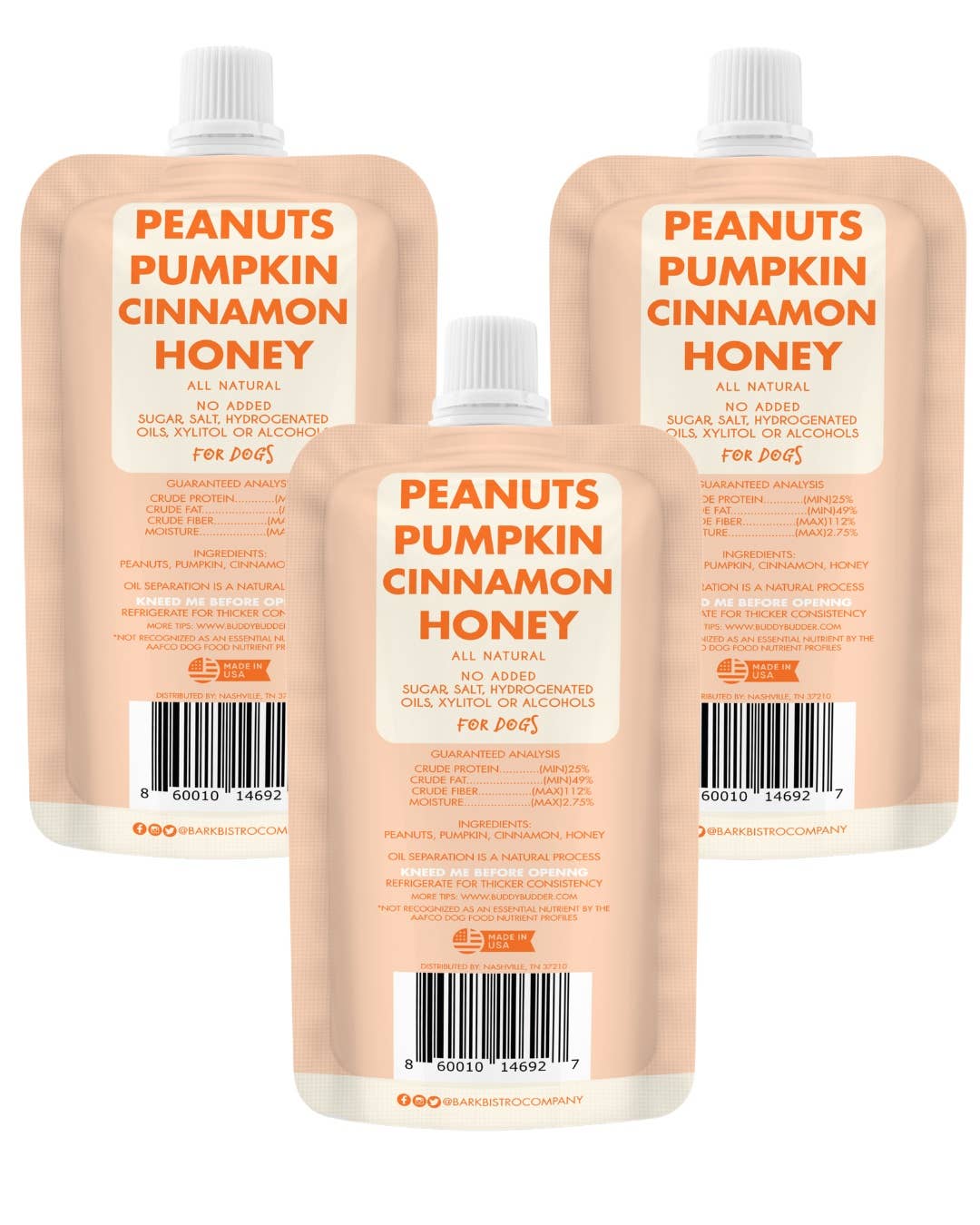 Dog Peanut Butter - 4oz Squeeze Packs Pumpkin Pup Budder - Doglicious Bakery Bites