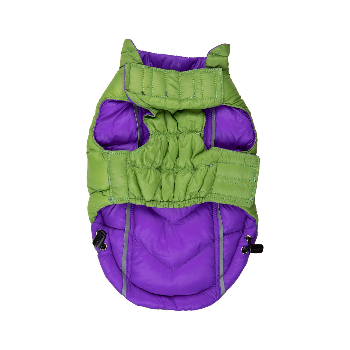 Barker's Bowtique - Featherlite Reversible-Reflective Puffer Vest - Green/Purpl - Doglicious Bakery Bites