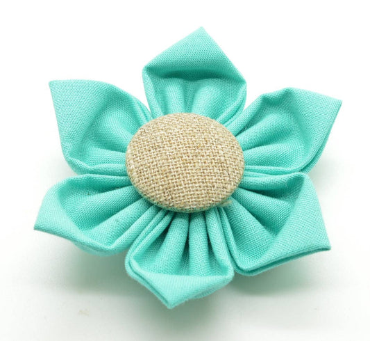 Dog Collar Attachment - Teal Flower with Burlap Button Center - Doglicious Bakery Bites