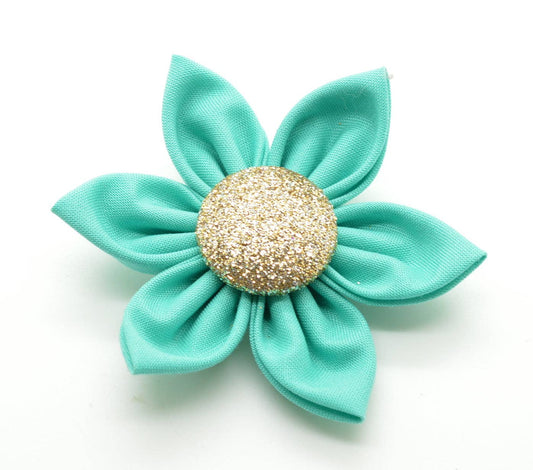 Dog Collar Attachment - Teal Flower with Gold Button Center - Doglicious Bakery Bites