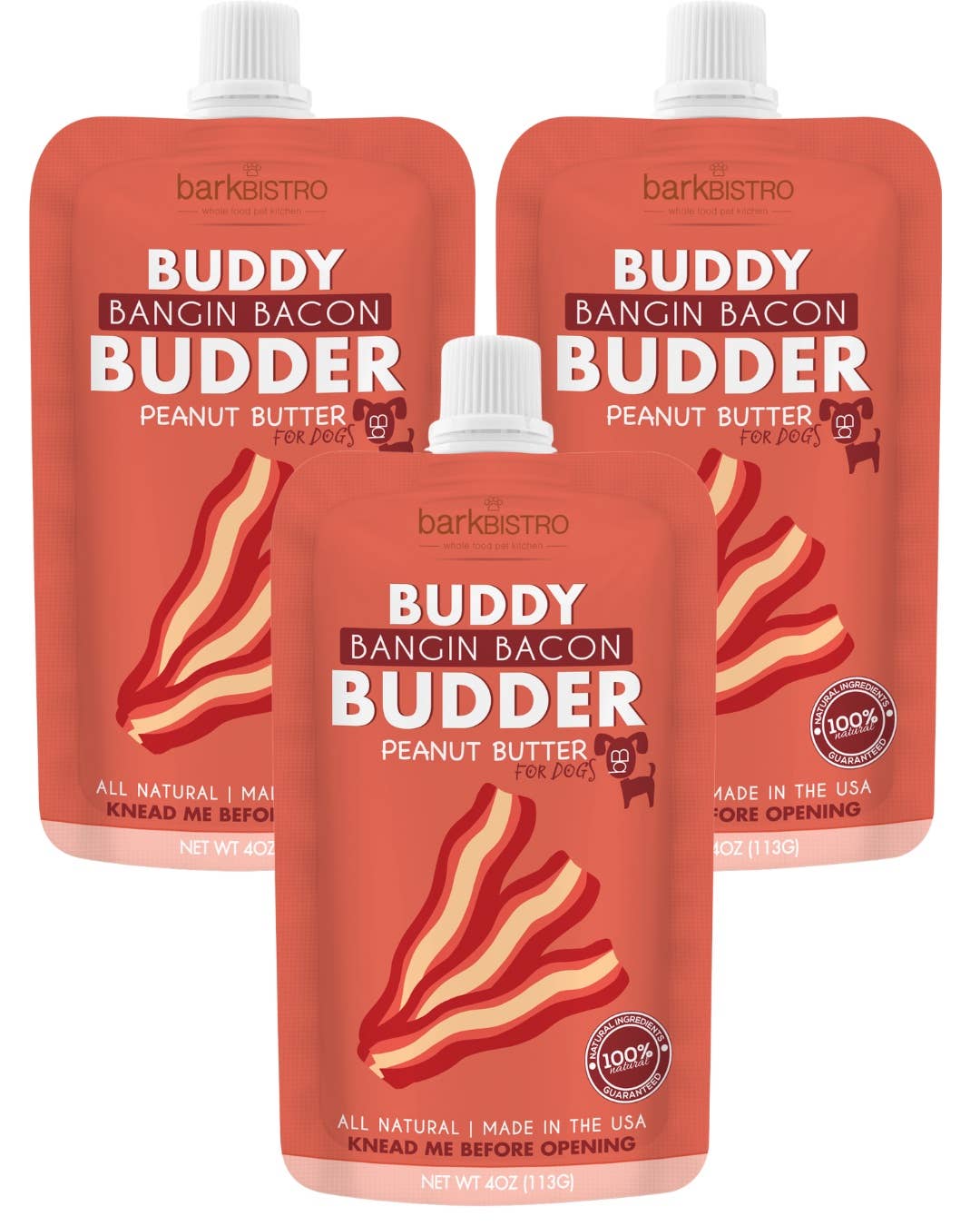Dog Peanut Butter - 4oz Squeeze Packs Bangin Bacon  Budder - Doglicious Bakery Bites