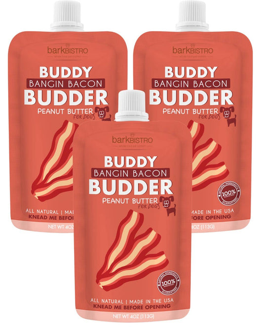 Dog Peanut Butter - 4oz Squeeze Packs Bangin Bacon  Budder - Doglicious Bakery Bites