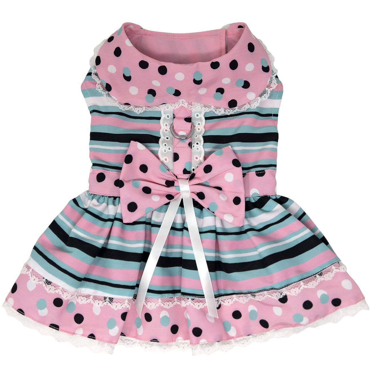 Dots & Stripes Dog Harness Dress - Pink & Teal - Doglicious Bakery Bites