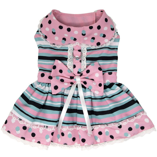 Dots & Stripes Dog Harness Dress - Pink & Teal - Doglicious Bakery Bites
