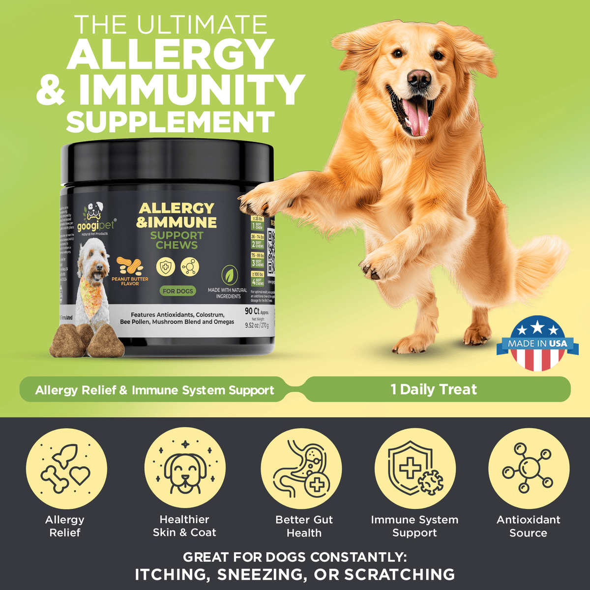Googipet - Allergy & Immune Support Chews for Dogs (Peanut Butter Flavor) - Doglicious Bakery Bites