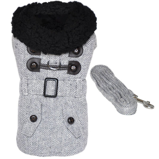 Grey Herringbone Designer Harness Coat - Doglicious Bakery Bites